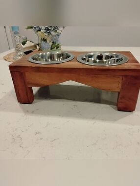 Wood Raised Double Pet Bowl Stand with Stainless Steel Bowls